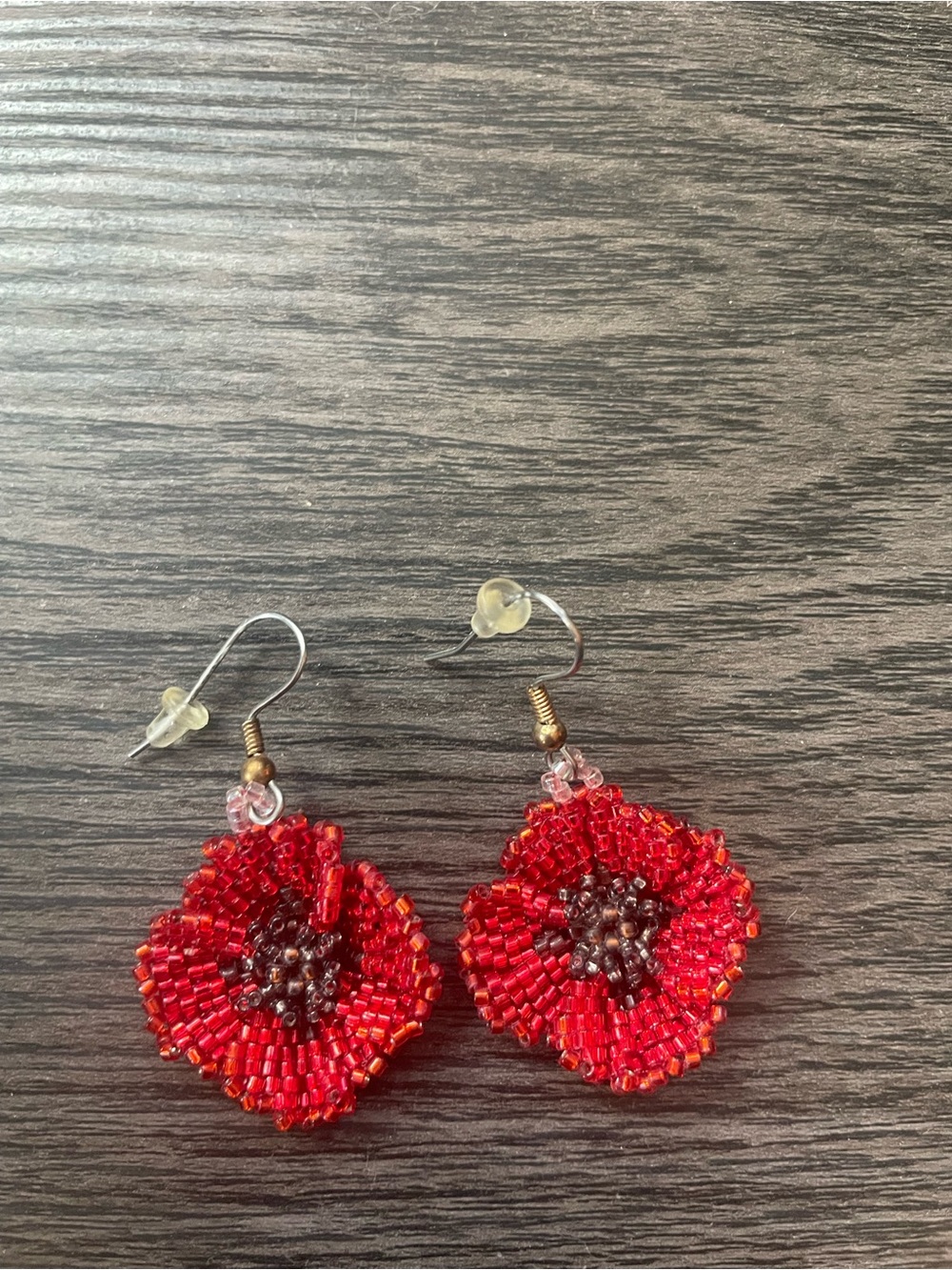 Handmade Red Beaded Poppy Drop Earrings